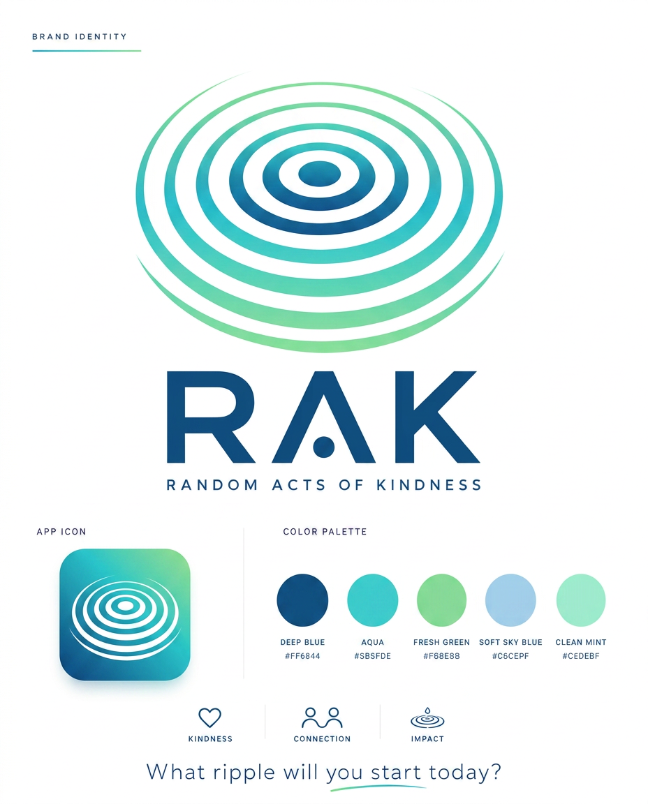 RAK brand identity sheet with ripple logo, deep blue to aqua to green palette, and tagline What ripple will you start today?